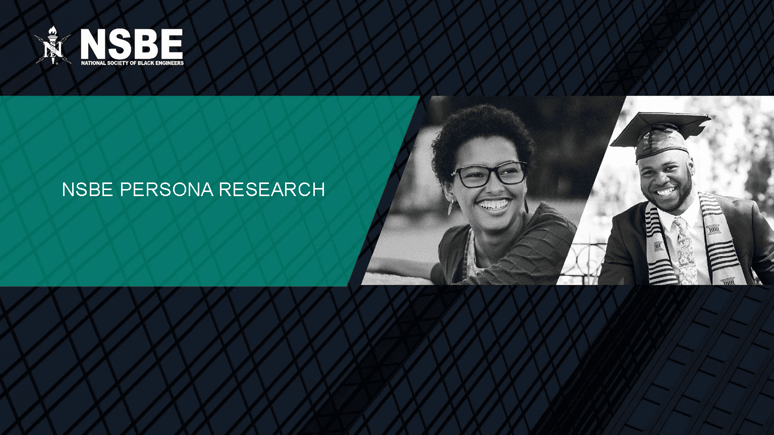 Close-up of a presentation slide titled “NSBE Persona Research” with the NSBE logo, teal geometric overlay, and black-and-white images of a smiling woman and a man in graduation regalia.