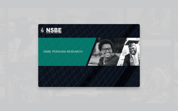 Presentation slide for “NSBE Persona Research” featuring the National Society of Black Engineers logo, a geometric teal banner, and black-and-white photos of two smiling individuals—one seated, the other in graduation attire.
