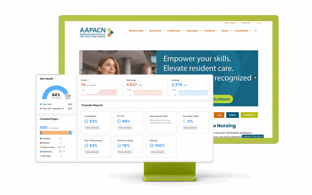 AAPACN Homepage with SEO analytics dashboard