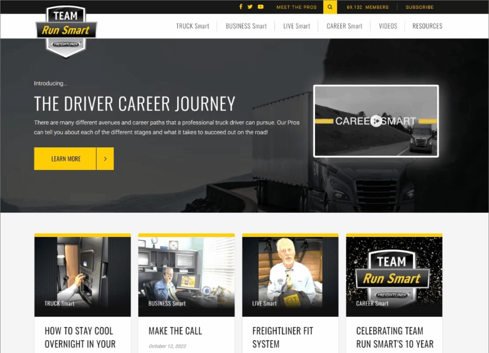 Zoomed-in screenshot of the Team Run Smart website homepage highlighting “The Driver Career Journey” with a focus on the Career Smart video player and navigation menu tabs.