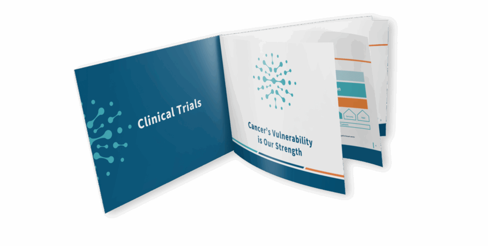 Mockup of an open booklet featuring Cyteir Therapeutics branding. The visible pages highlight the title “Clinical Trials” and the message “Cancer’s Vulnerability is Our Strength,” with accompanying visuals including charts and diagrams in teal, navy, and orange.
