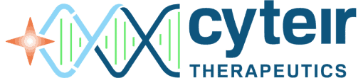 Cyteir Therapeutics logo with a stylized DNA strand featuring green signal lines and an orange starburst icon, accompanied by the word “cyteir” in bold blue and “THERAPEUTICS” in uppercase.