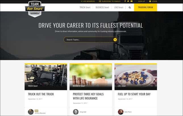 Homepage of the Team Run Smart website featuring the headline “Drive Your Career to Its Fullest Potential,” a search bar for topics, and article previews titled “Truck Out the Truck,” “Protect Three Key Goals with Life Insurance,” and “Fuel Up to Start Your Day.”