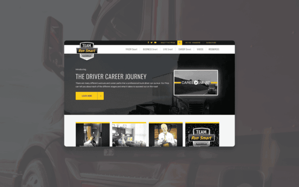 Screenshot of the Team Run Smart website featuring “The Driver Career Journey” section with a Learn More button, a promotional video thumbnail labeled “Career Smart,” and video previews for Truck Smart, Business Smart, Live Smart, and Career Smart content.