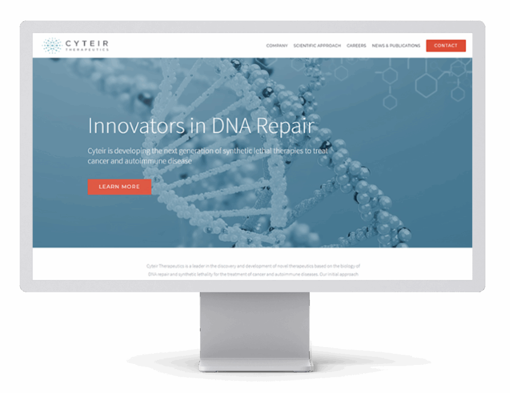 Computer monitor showing the Cyteir Therapeutics homepage with the headline “Innovators in DNA Repair” and a red “Learn More” button. The screen features a digital DNA strand and a navigation menu at the top.