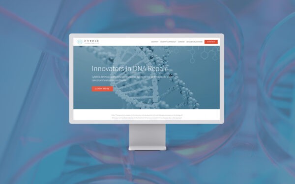 Cyteir Therapeutics website shown on a monitor, placed over a blurred scientific background featuring lab equipment. The website promotes DNA repair innovation for cancer and autoimmune disease treatment.