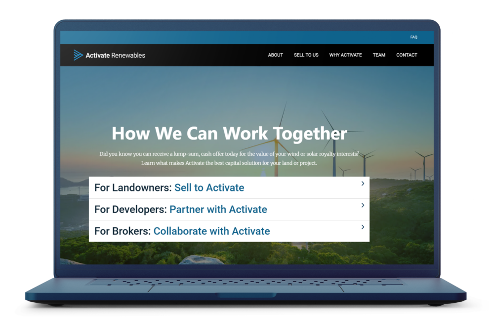 A blue laptop displaying the Activate Renewables website, showcasing a 'How We Can Work Together' section with options for landowners, developers, and brokers to engage with Activate. The background features a landscape with wind turbines at sunset.