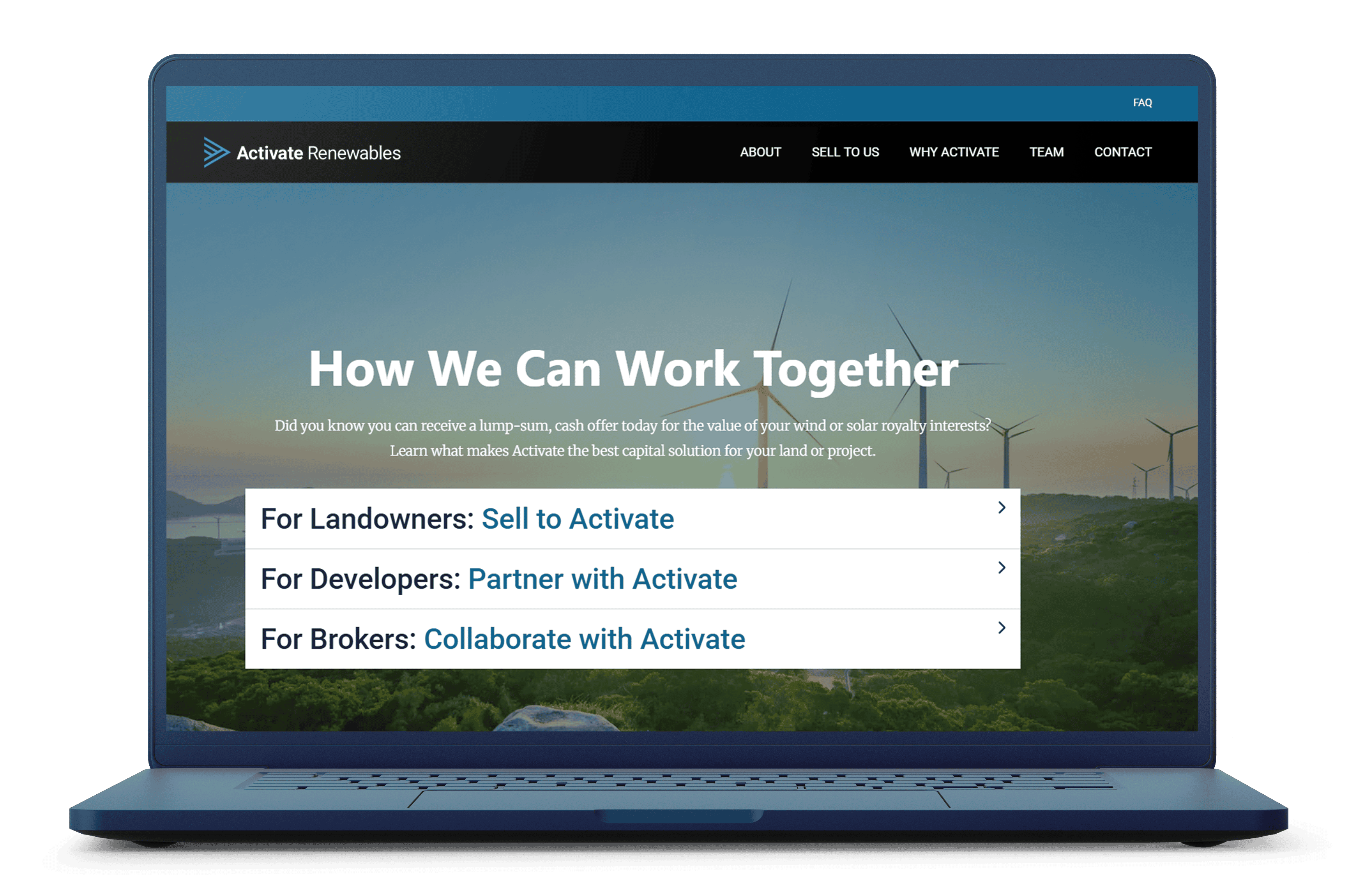 A blue laptop displaying the Activate Renewables website, showcasing a 'How We Can Work Together' section with options for landowners, developers, and brokers to engage with Activate. The background features a landscape with wind turbines at sunset.