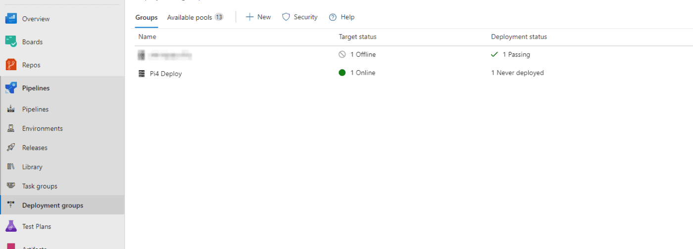 screen capture of deployment group in Azure