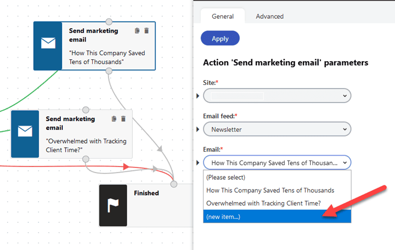 Action 'Send Marketing Email' Parameters screenshot