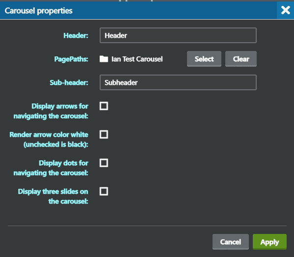 screen capture of the carousel properties box