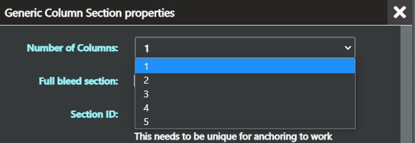 screen capture of Generic Column Section properties dropdown menu