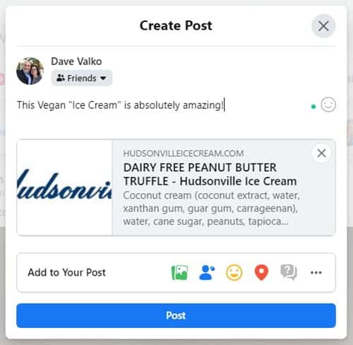 Facebook post with cutoff hudsonville ice cream image in link preview