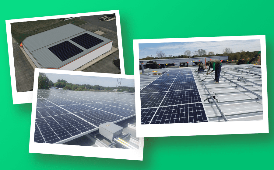Photos of solar installation on green background