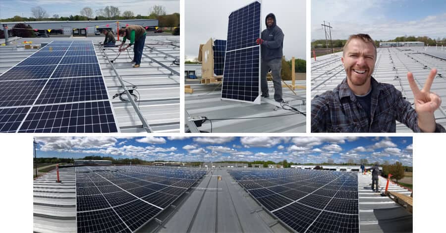 Photo collage of solar panels being installed on BizStream's roof