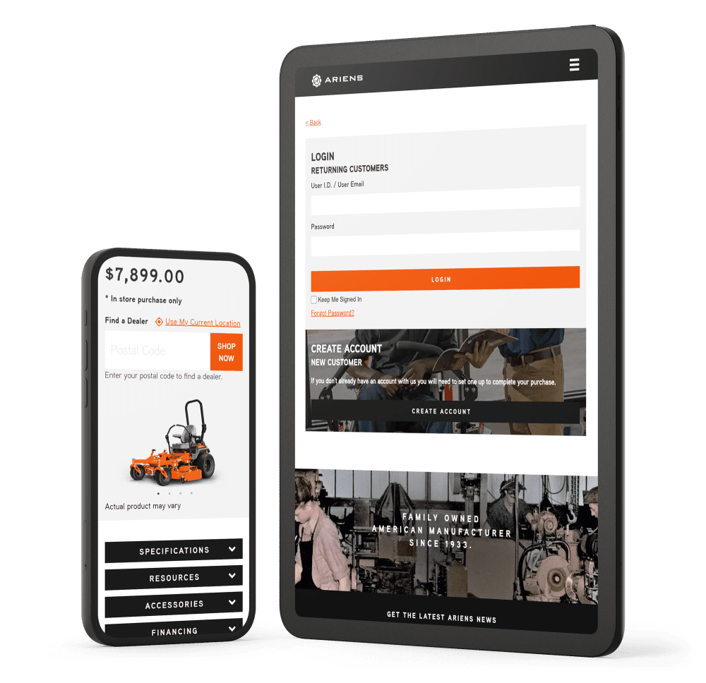 Ariens phone and tablet device mock-up