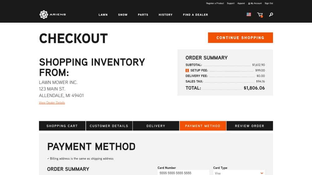 Ariens Checkout screenshot