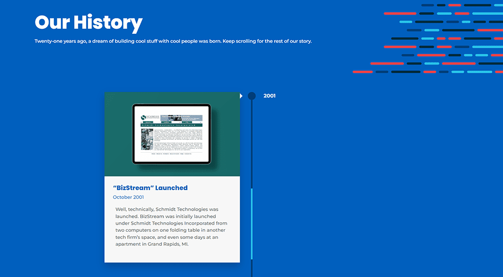 screen capture of BizStream's History Timeline