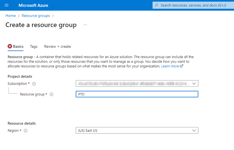 "Create a resource group" screen capture