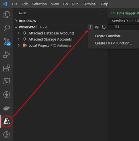 "Create Function" on Azure Activity bar