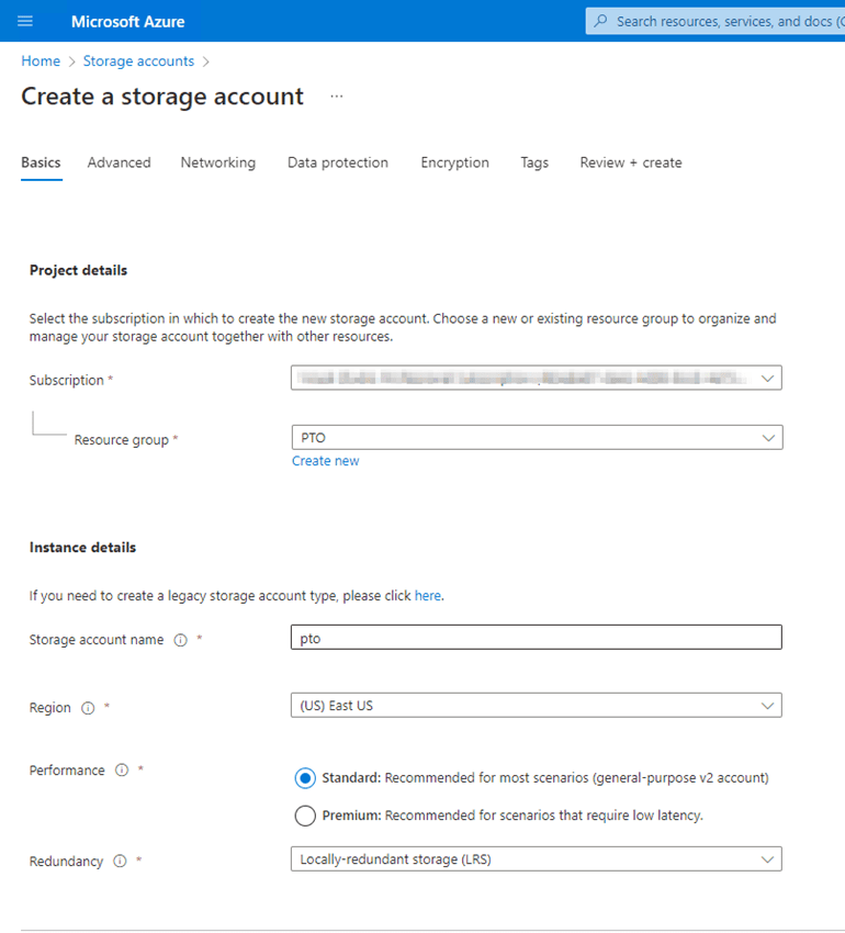 "Create a storage account" screen capture