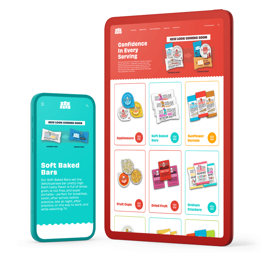 Zee Zee's product pages shown on red and teal devices