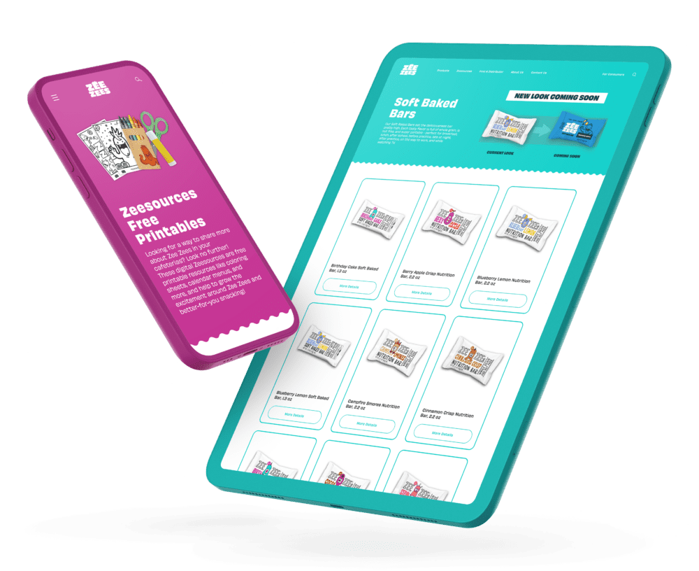 Zee Zee's product pages shown on purple and teal devices