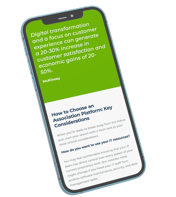 A tilted smartphone screen displays an article titled “How to Choose an Association Platform: Key Considerations.” The top section highlights a McKinsey quote about the benefits of digital transformation and customer experience, emphasizing potential gains in satisfaction and economic performance.