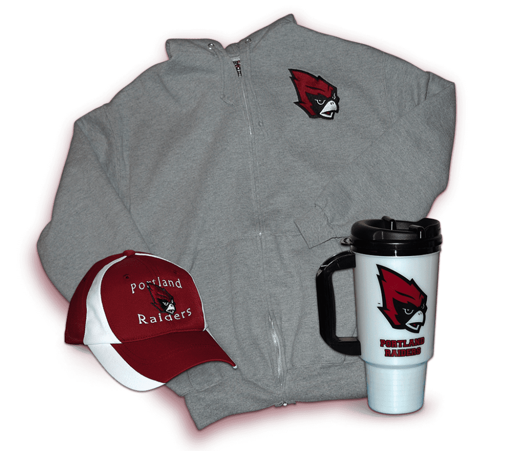 Portland Raider merchandise, hat, sweatshirt, and cup