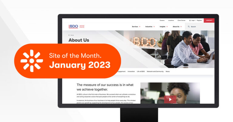 BDO website displayed on a monitor with Kentico Site of the Month badge