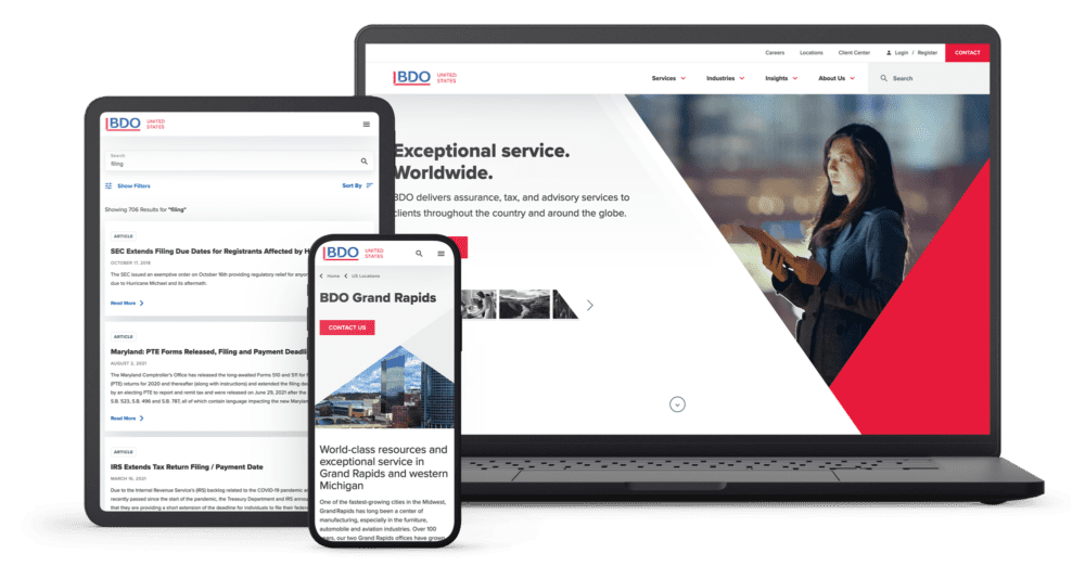 BDO USA website on tablet, phone, and laptop devices