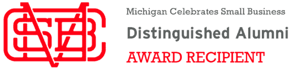 Michigan 50 Distinguished Alumni - Great Place to Work Award badge