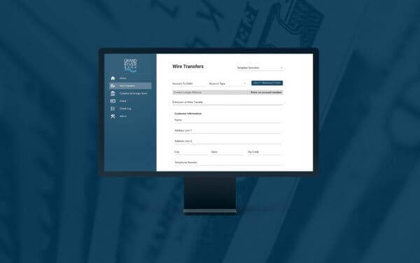 Grand River Bank application shown on a monitor with a blue background