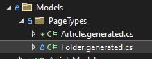 File structure screenshot showing a folder named 'Models' containing a subfolder 'PageTypes' with two C# files: 'Article.generated.cs' and 'Folder.generated.cs'.