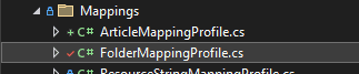 File structure screenshot showing a folder named 'Mappings' containing three C# files: 'ArticleMappingProfile.cs,' 'FolderMappingProfile.cs,' and 'ResourceStringMappingProfile.cs'.
