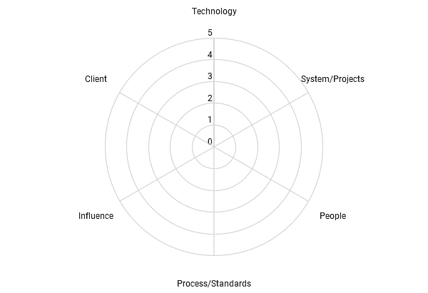 Radar chart with labeled axes: Technology, System/Projects, People, Process/Standards, Influence, and Client. The chart has a scale from 0 to 5, but no data points are plotted.