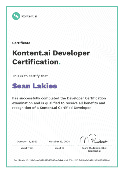 Sean Lakies' Kontent.ai Developer certification
