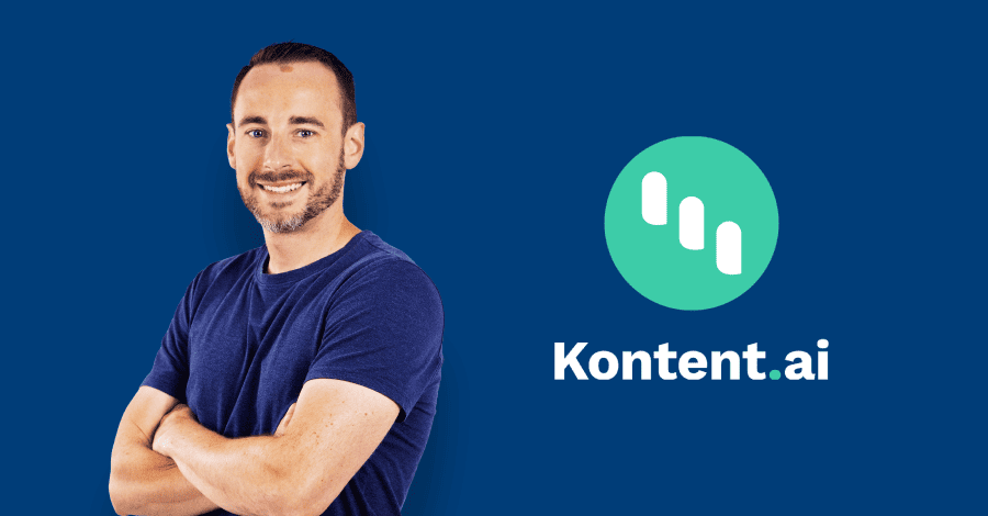Man in blue shirt with arms crossed aside a Kontent.ai logo