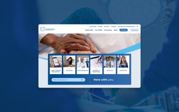 Hospital Sisters Health System website shown on a blue background with overlay