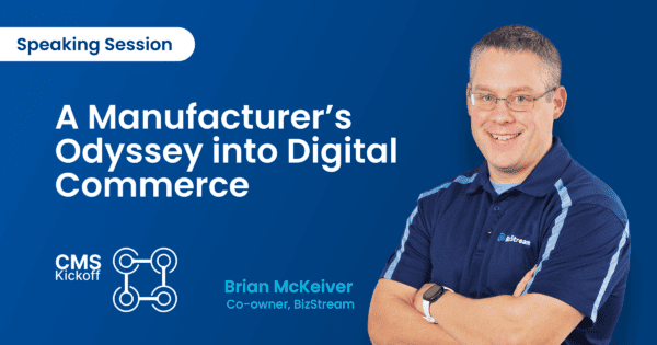 Man standing with arms crossed in medium blue polo with text "Manufacturer's Odyssey into Digital Commerce"