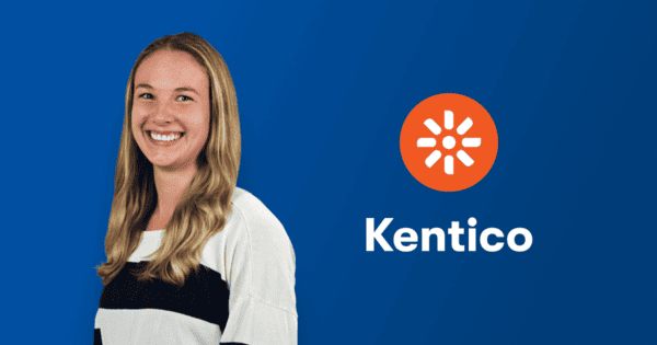 Woman in black and white sweater smiling aside a Kentico logo