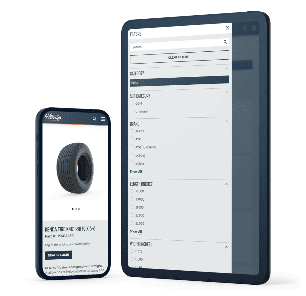 Image showing a responsive design on two devices: a smartphone and a tablet. The smartphone displays a product detail page for a tire, with an image, product name, price, and specifications. The tablet shows a filter and search options on the product listing page, allowing users to refine their search by various attributes. The design is clean and user-friendly across both devices.
