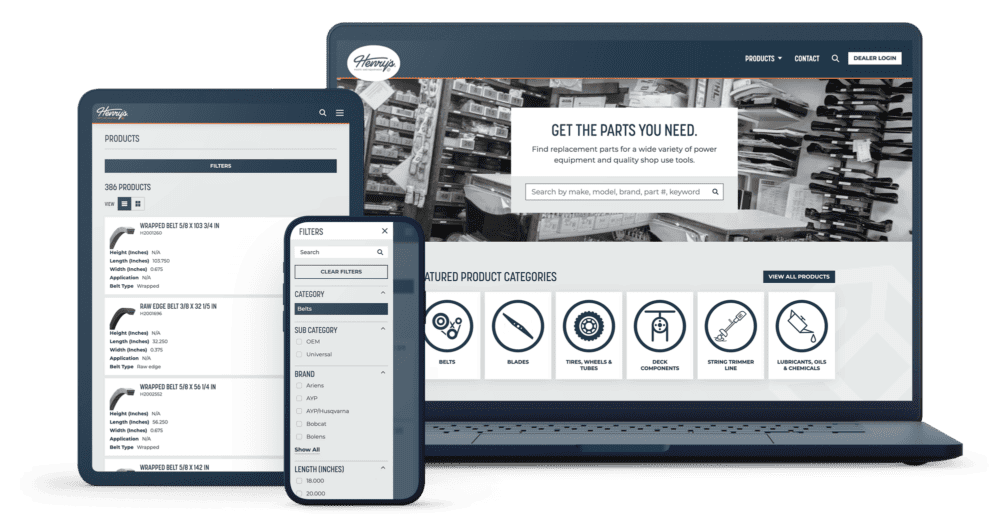 Image showing a responsive website design across three devices: a laptop, tablet, and smartphone. The website homepage features a central banner with the text 'Get the Parts You Need,' a search bar, and icons representing product categories like belts, hoses, and fittings. The interface is consistent across devices, with navigation options and a product-focused layout.