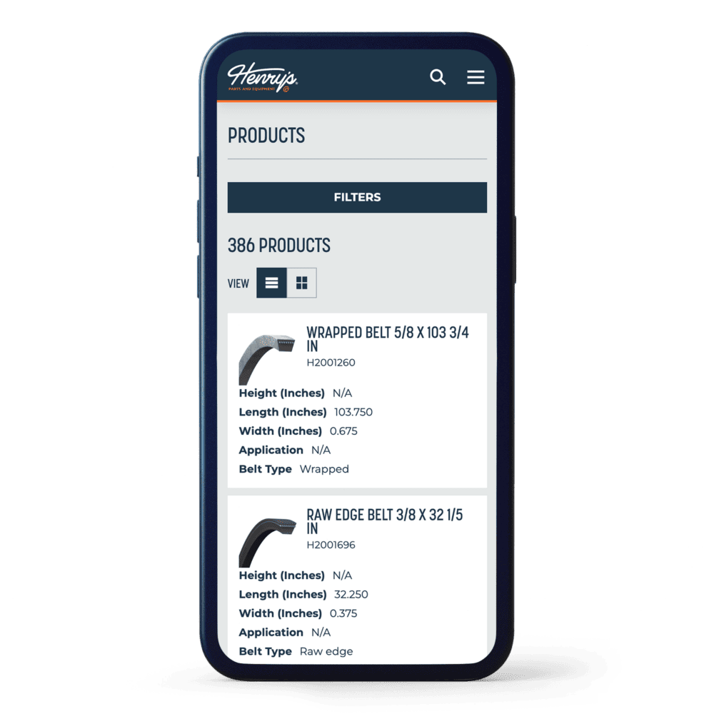 Image of a smartphone displaying a product listing page on a mobile-friendly website. The screen shows filtered search results for products, each with an image, name, and key specifications. A filter and sort option is available at the top, with a compact, easy-to-navigate layout suited for mobile use.