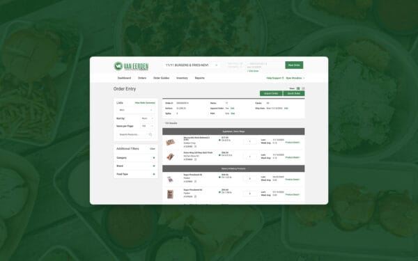 Van Eerden Foodservice website shown on a green background