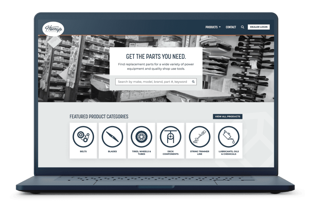 Screenshot of a website homepage for a transportation or logistics company, featuring a search bar with a central banner that says 'Get the Parts You Need.' Below are icons representing various product categories like belts, hoses, and fittings. The background image shows industrial shelving with products.