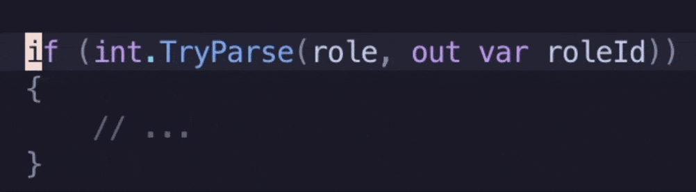 Animated GIF showing a line of code with syntax highlighting, where a developer appears to be editing or navigating through the line containing `Parse(role, out ...` in a code editor.