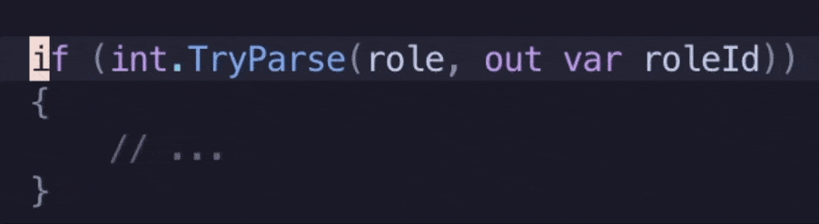 Animated GIF showing a line of code with syntax highlighting, where a developer appears to be editing or navigating through the line containing Parse(role, out ... in a code editor.