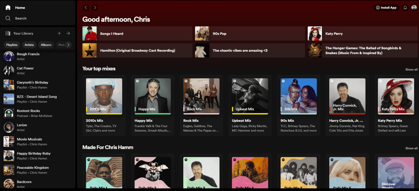 Screenshot of a music streaming interface displaying various albums and artists. The interface includes options such as 'Recently Played' and showcases album cover art in a grid layout.