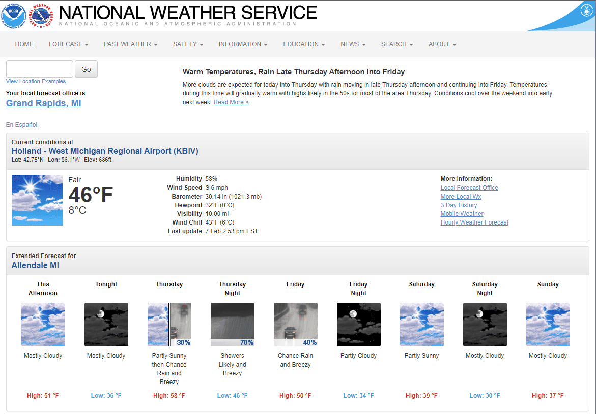 Screen capture of National Weather Service website